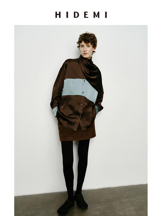HIDEMI 艺术感缎面拼接撞色可拆卸丝巾衬衫 棕蓝色/绿紫色 商品图2