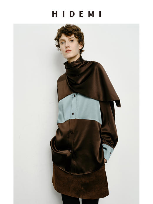 HIDEMI 艺术感缎面拼接撞色可拆卸丝巾衬衫 棕蓝色/绿紫色 商品图0