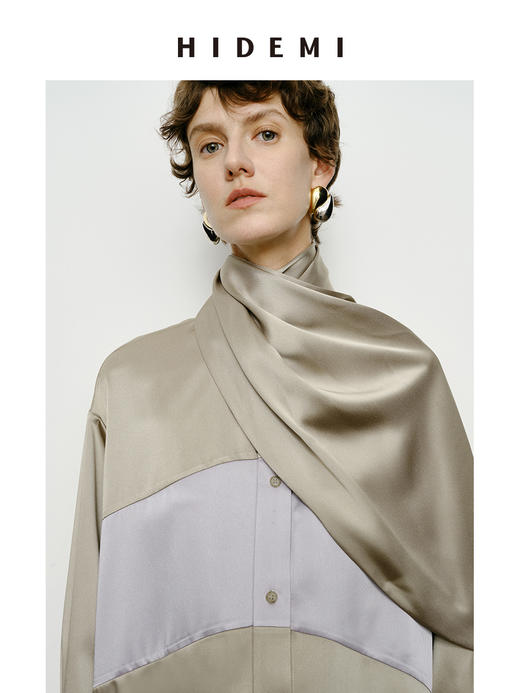 HIDEMI 艺术感缎面拼接撞色可拆卸丝巾衬衫 棕蓝色/绿紫色 商品图10