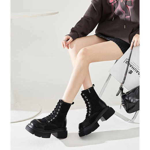 西遇厚底马丁靴女新款秋季美式复古拼接工装靴棕色粗跟短靴子D0033982 商品图3