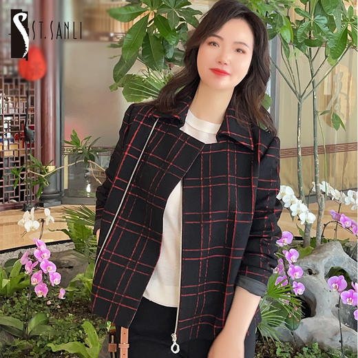 圣三利女装 新款帅气羊毛格纹机车款外套大衣SL2032112 商品图0