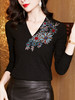 SMZ10075秋装新款V领打底衫女长袖T恤气质修身显瘦花朵烫钻黑色套头上衣潮 商品缩略图2
