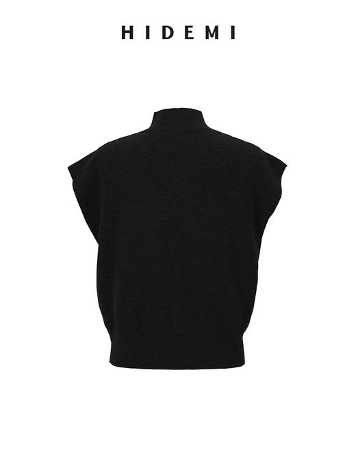 HIDEMI 极简小圆领立领廓形真丝羊毛针织马甲背心 黑色/灰色 商品图1