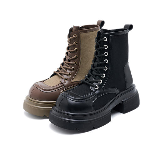 西遇厚底马丁靴女新款秋季美式复古拼接工装靴棕色粗跟短靴子D0033982 商品图4