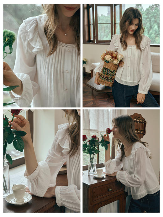 OLrain欧芮儿方领蕾丝雪纺衫女初秋2023年新款宽松褶皱荷叶边小衫 商品图1