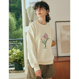 OLrain欧芮儿长袖圆领厚棉T女初秋2023新款宽松立体手钩花套头上衣