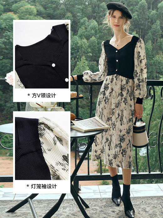 OLrain欧芮儿碎花连衣裙女初秋2023年新款收腰法式复古拼接茶歇裙 商品图2