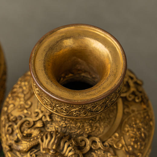 清 铜鎏金盘龙花卉纹花瓶摆件（一对） 商品图1