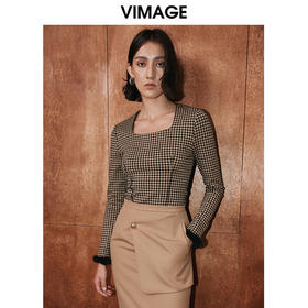 VIMAGE纬漫纪冬季新款时尚修身方领格子百搭上衣V2013617