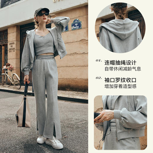 OLrain欧芮儿灰色连帽短外套女初秋2023新款宽松运动休闲拉链卫衣 商品图2