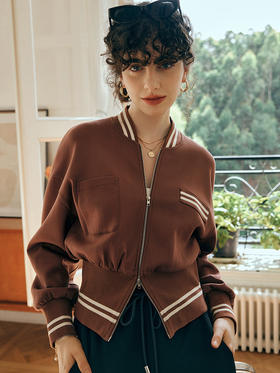 OLrain欧芮儿咖色短外套初秋2023年新款时尚潮流设计感撞色棒球服