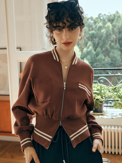 OLrain欧芮儿咖色短外套初秋2023年新款时尚潮流设计感撞色棒球服 商品图0