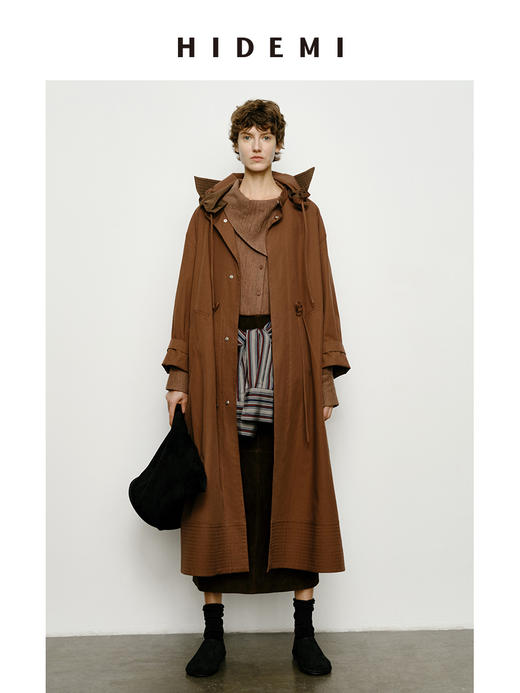 HIDEMI 极简大廓形可拆卸连帽式工装感抽绳长款风衣 红咖色/海鸥米 商品图1