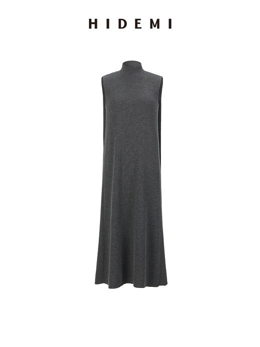 HIDEMI 极简小圆领廓形折叠立体剪裁微斗篷式真丝羊毛针织连衣裙 黑色/灰色 商品图4