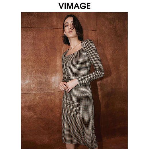 VIMAGE纬漫纪冬季新款格纹收腰修身显瘦裙摆开叉连衣裙V2007622 商品图3