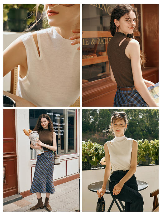 OLrain欧芮儿咖色针织背心吊带女早秋2023新款修身半高领无袖上衣 商品图1