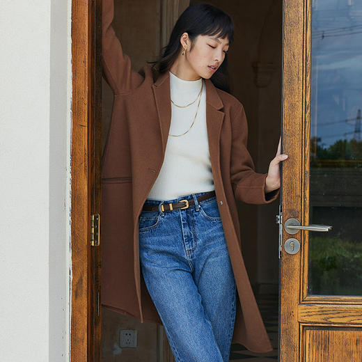 IN AND ON 轻奢原创设计100绵羊毛小翻领长款双面毛呢大衣外套女 商品图2