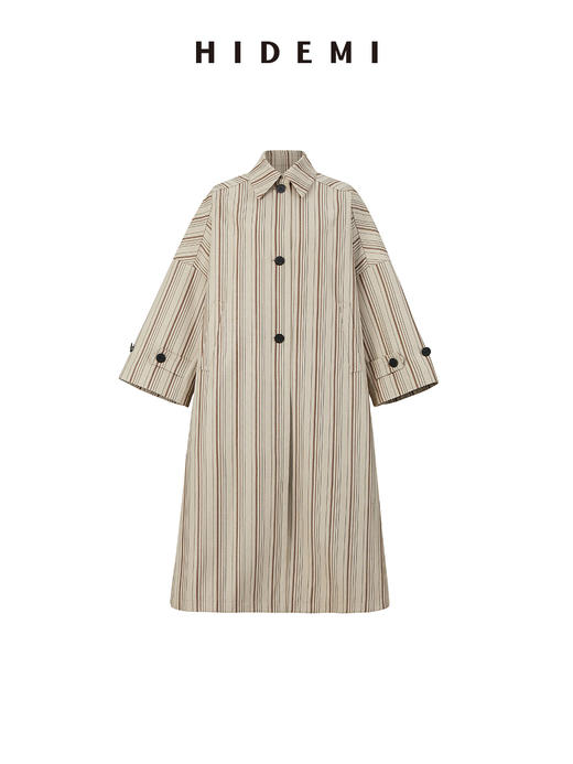 HIDEMI 极简廓形伞状色织条纹艺术感长款风衣 商品图13