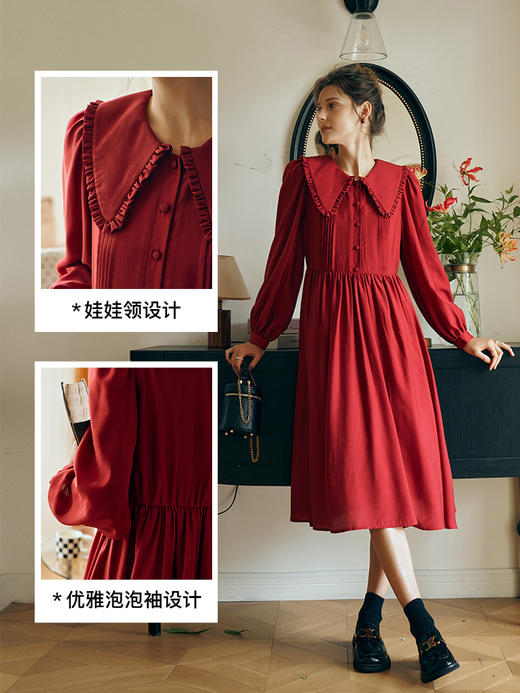 OLrain欧芮儿红色连衣裙女初秋2023年新款收腰法式气质娃娃领裙子 商品图2