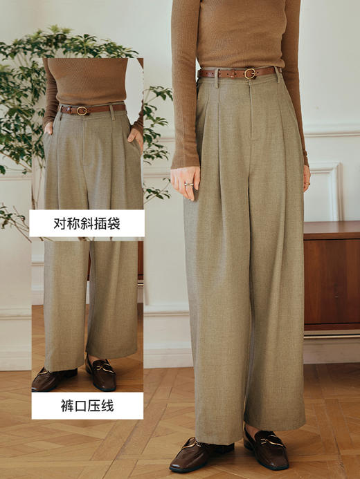 OLrain欧芮儿卡绿色休闲裤女初秋2023年新款高腰宽松直筒阔腿长裤 商品图2