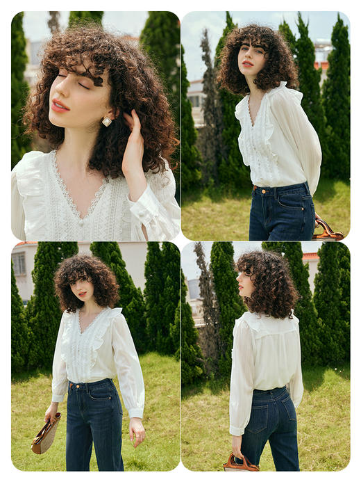 OLrain欧芮儿米白色蕾丝雪纺衫女初秋2023新款法式荷叶边V领小衫 商品图2