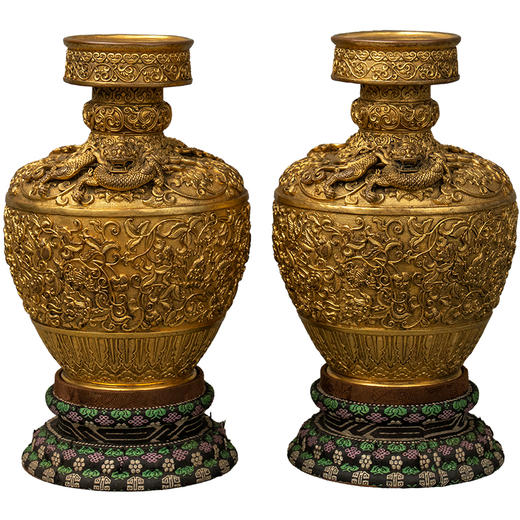 清 铜鎏金盘龙花卉纹花瓶摆件（一对） 商品图5