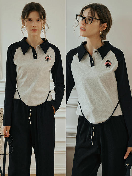 OLrain长袖POLO领T恤女秋装2023年新款显瘦美式复古撞色拼接上衣 商品图3