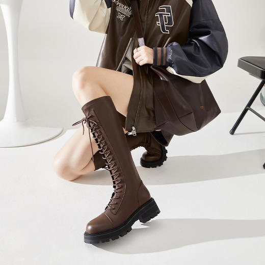 西遇长筒马丁靴女新款秋季骑士弹力瘦瘦靴黑色厚底不过膝长靴21933844 商品图1
