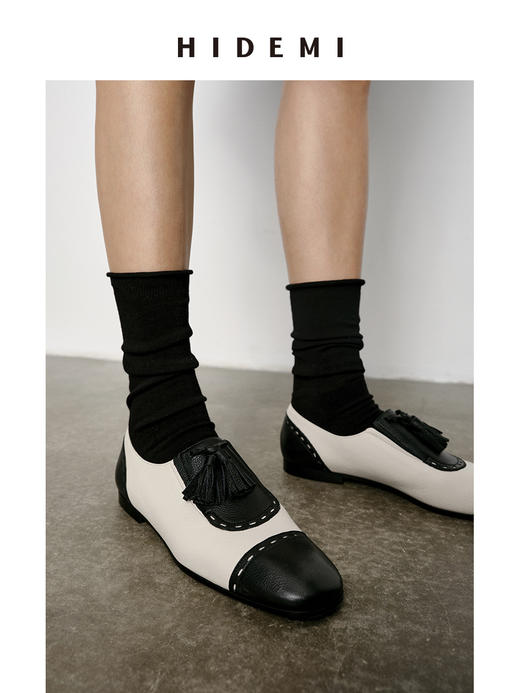 HIDEMI 【当当同款】复古拼接拼皮小牛皮流苏平底鞋 黑白/黑金/银色/白色/棕白 商品图7