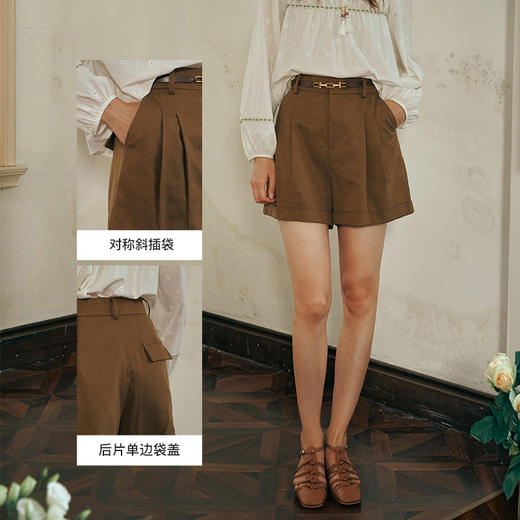 OLrain欧芮儿卡其色休闲裤女初秋2023年新款高腰阔腿A字五分短裤 商品图2