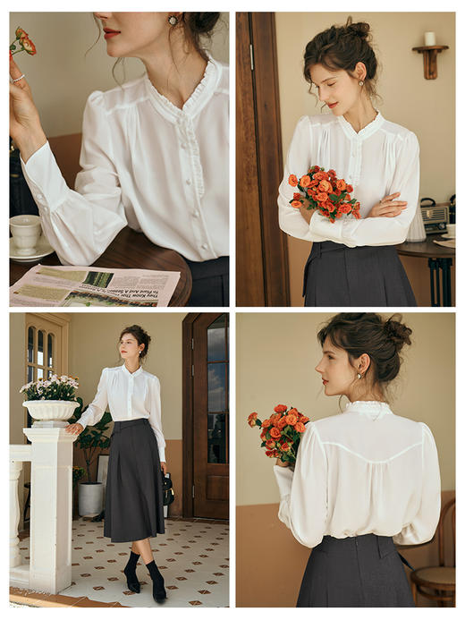 OLrain欧芮儿米白色蕾丝雪纺衫女初秋2023新款宽松木耳边立领小衫 商品图1