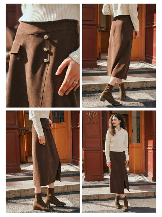 OLrain欧芮儿深咖啡色半身裙女初秋2023年新款高腰直筒百搭中长裙 商品图1