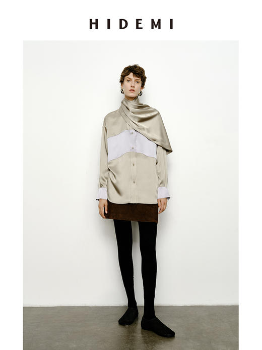 HIDEMI 艺术感缎面拼接撞色可拆卸丝巾衬衫 棕蓝色/绿紫色 商品图6