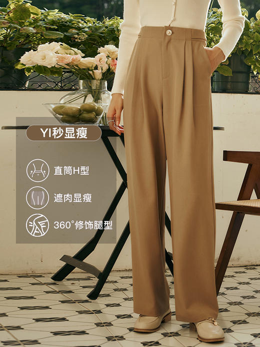 OLrain欧芮儿卡其色休闲裤女初秋2023年新款高腰直筒阔腿垂感长裤 商品图1