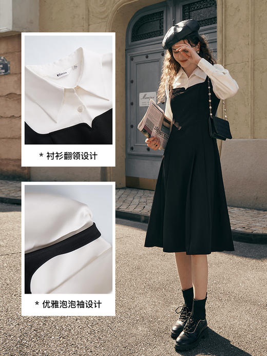 OLrain欧芮儿黑色假两件连衣裙女初秋2023新款收腰显瘦衬衫式裙子 商品图2