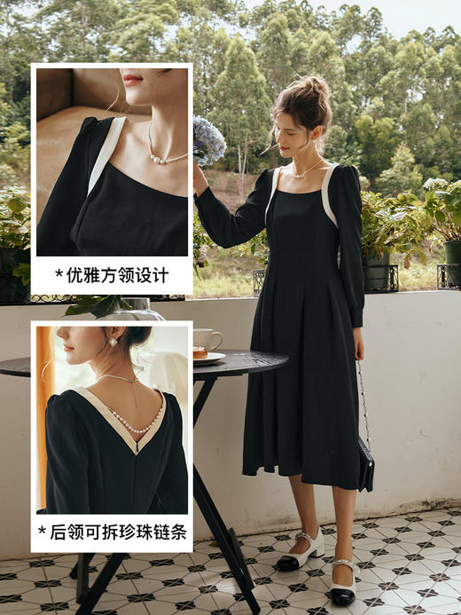OLrain欧芮儿黑色方领连衣裙女初秋2023新款收腰赫本风华夫格裙子 商品图2