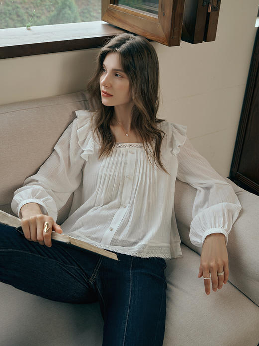 OLrain欧芮儿方领蕾丝雪纺衫女初秋2023年新款宽松褶皱荷叶边小衫 商品图0