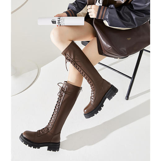 西遇长筒马丁靴女新款秋季骑士弹力瘦瘦靴黑色厚底不过膝长靴21933844 商品图3