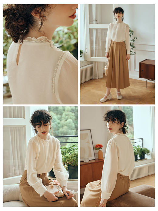 OLrain欧芮儿米杏色蕾丝雪纺衫女初秋2023新款法式木耳边立领小衫 商品图1