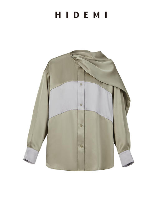HIDEMI 艺术感缎面拼接撞色可拆卸丝巾衬衫 棕蓝色/绿紫色 商品图12