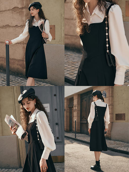 OLrain欧芮儿黑色假两件连衣裙女初秋2023新款收腰显瘦衬衫式裙子 商品图1