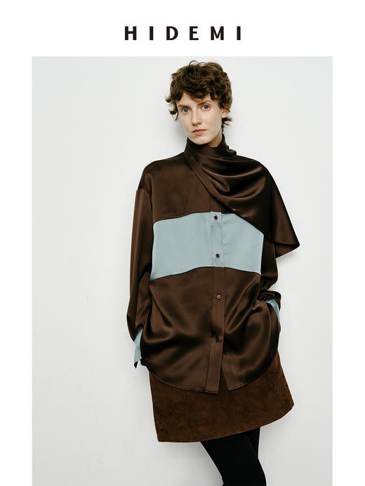 HIDEMI 艺术感缎面拼接撞色可拆卸丝巾衬衫 棕蓝色/绿紫色 商品图4