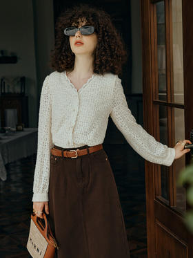 OLrain欧芮儿杏色蕾丝雪纺衫女初秋2023新款法式复古长袖V领开衫