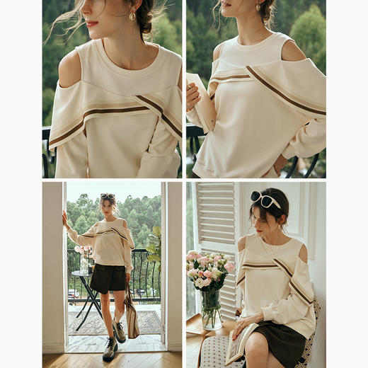 OLrain欧芮儿杏黄色圆领卫衣女初秋2023年新款法式漏肩设计感上衣 商品图1