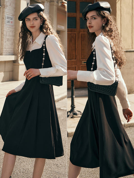 OLrain欧芮儿黑色假两件连衣裙女初秋2023新款收腰显瘦衬衫式裙子 商品图3