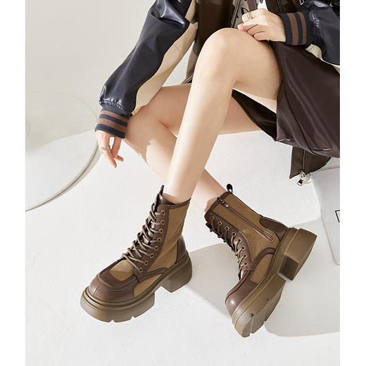 西遇厚底马丁靴女新款秋季美式复古拼接工装靴棕色粗跟短靴子D0033982 商品图0