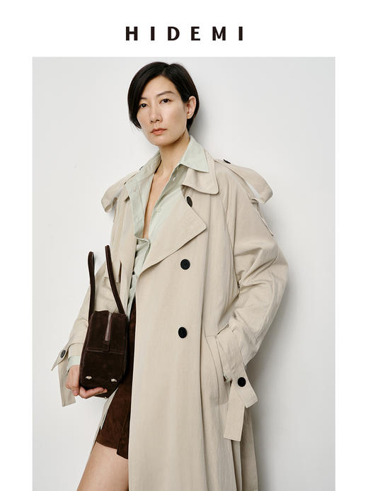 HIDEMI 【赵露思同款】翻领极简设计感双排扣长款风衣 杏仁色/夜空蓝 商品图7