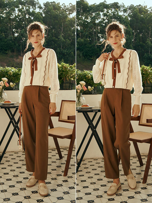 OLrain欧芮儿奶杏色毛衣女初秋2023新款宽松复古系带软糯风套头衫 商品图3