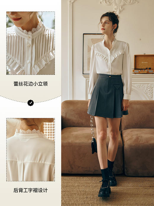 OLrain欧芮儿米白色长袖衬衫女初秋2023年新款对丝荷叶边减龄小衫 商品图2