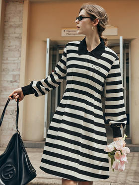 OLrain欧芮儿条纹POLO连衣裙女夏季2023新款爱心刺绣撞色卫衣裙子